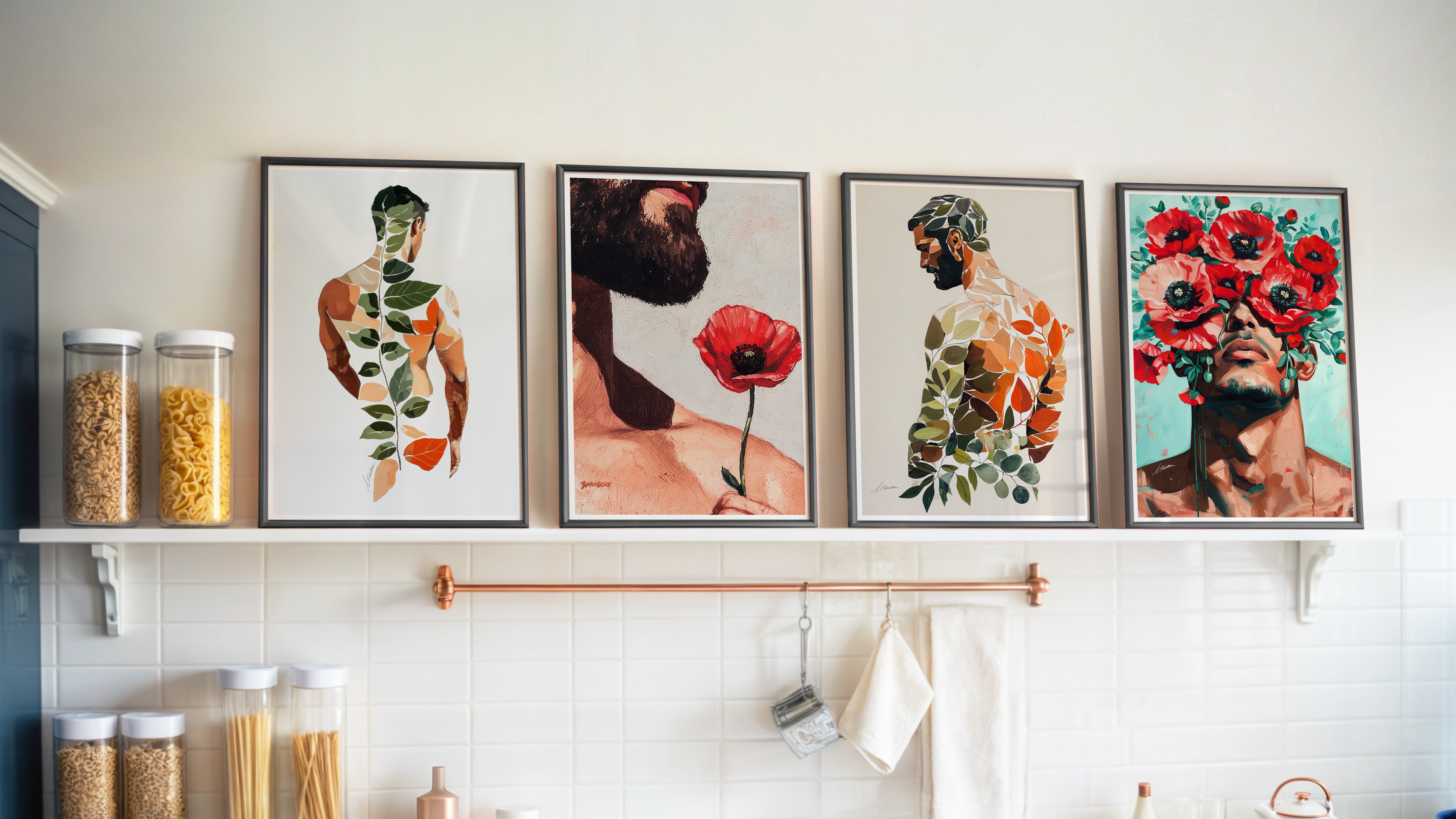 Four framed contemporary male figure art prints with botanical and floral elements displayed as modern LGBTQ wall art on a white kitchen shelf.