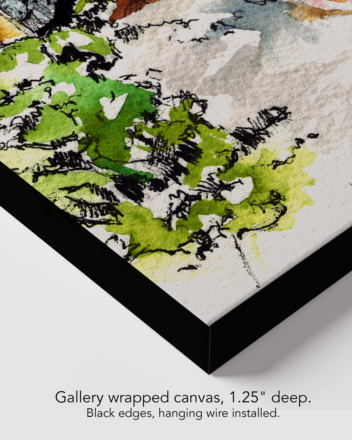 Corner of Garden Bench on gallery wrapped canvas, 1.25 inches deep, with black edges and hanging wire installed