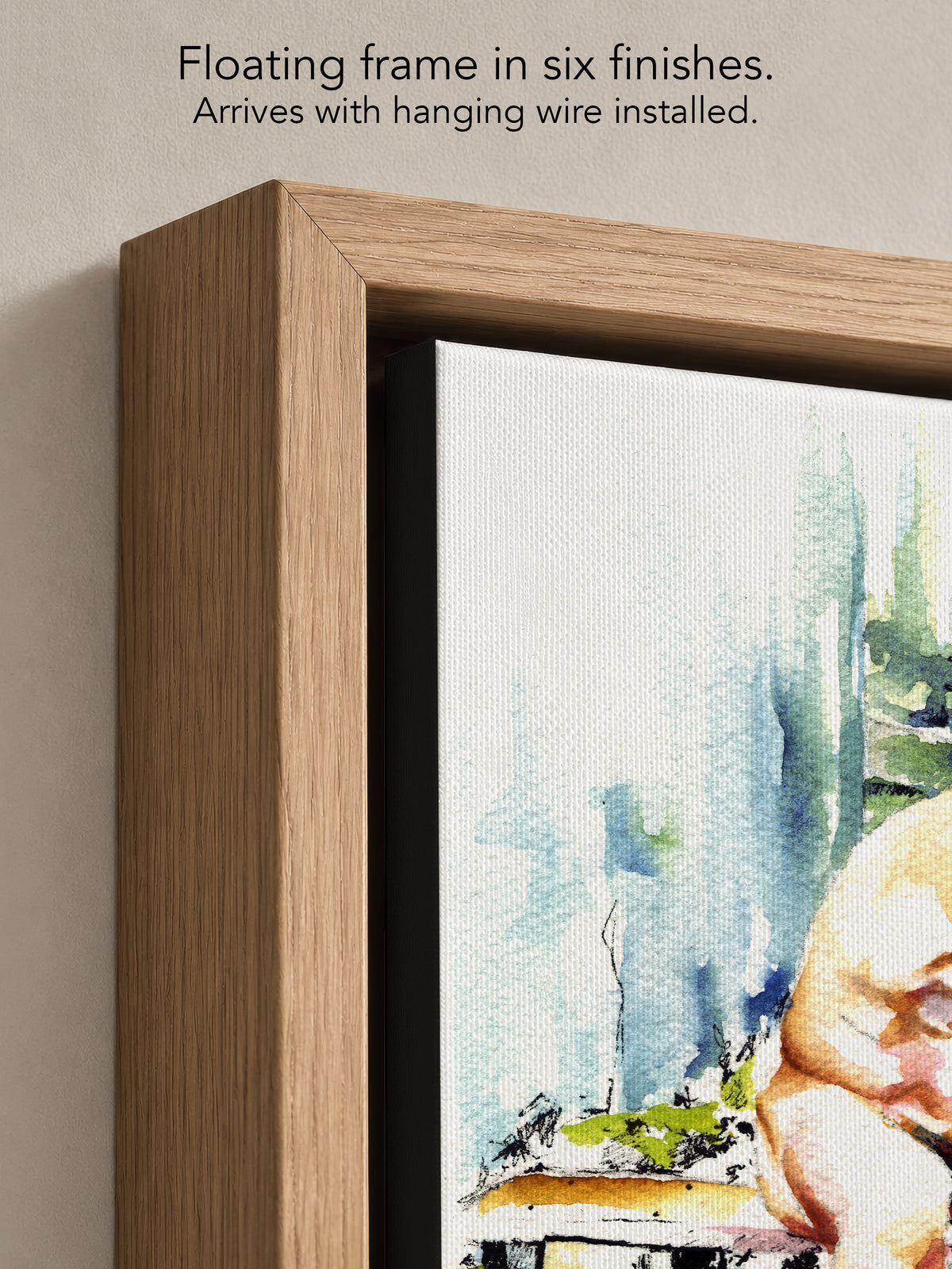 Close up corner of Garden Bench in a natural oak floating frame, with black canvas edges and hanging wire installed
