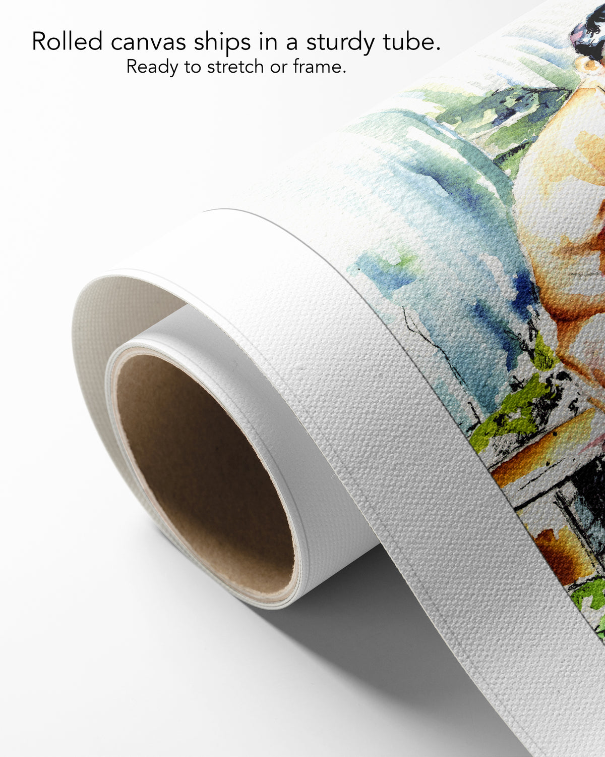 Garden Bench on rolled canvas with a white border, curling off its cardboard core