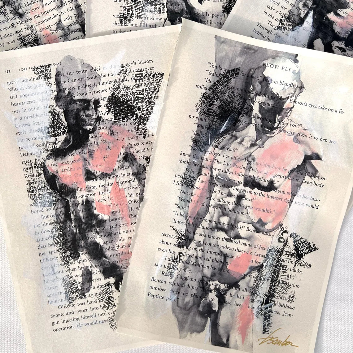 Set of 5 Male Figure Prints on Recycled Book Pages – Art Prints Artist Brenden Sanborn