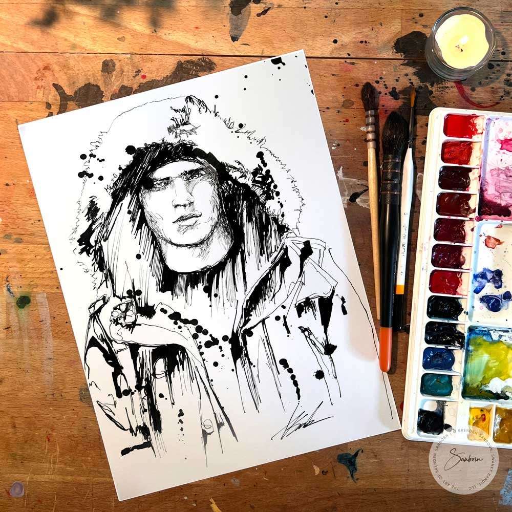 Man with Handsome Eyes in Winter Coat - Original Ink on Paper Artist Brenden Sanborn