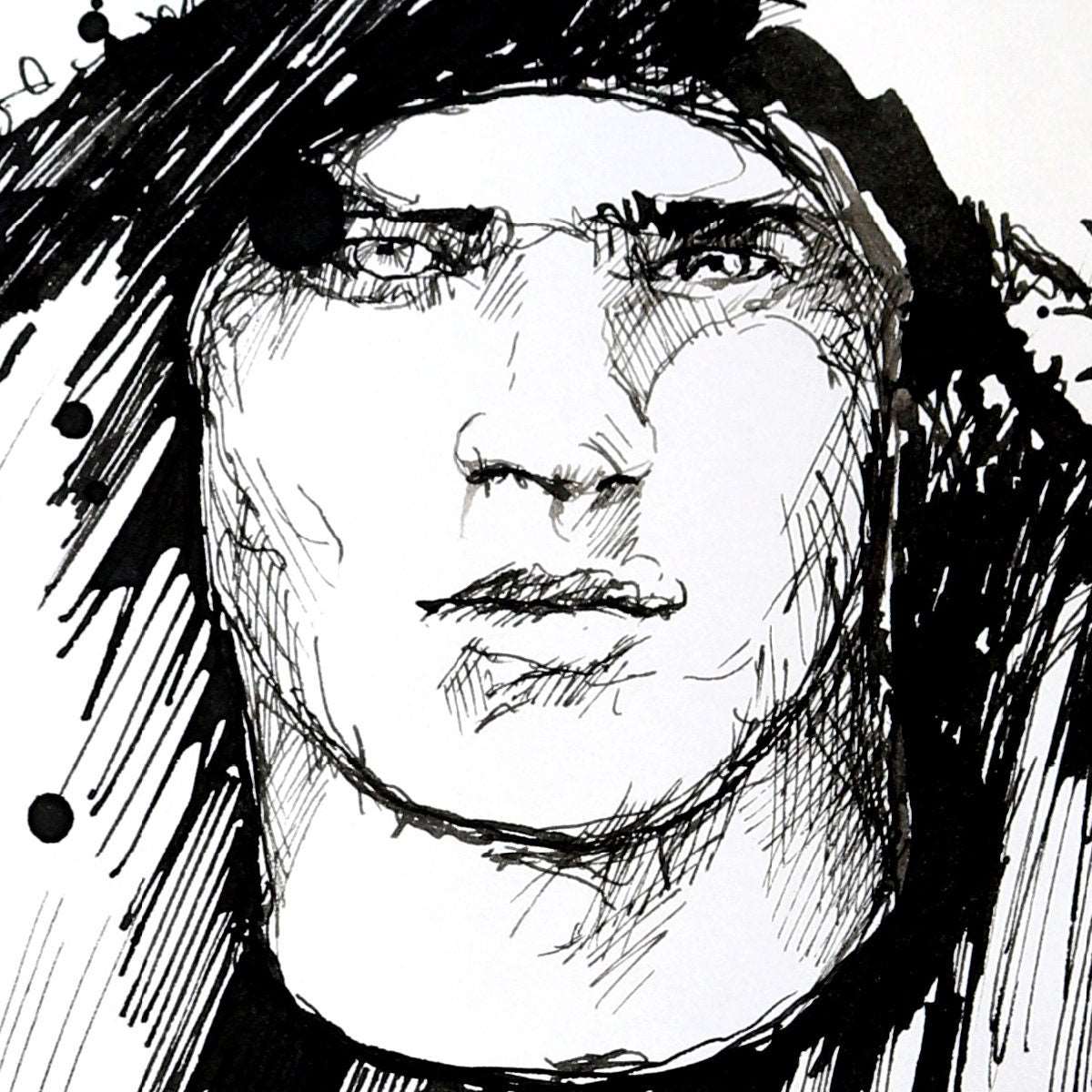Man with Handsome Eyes in Winter Coat - Original Ink on Paper Artist Brenden Sanborn