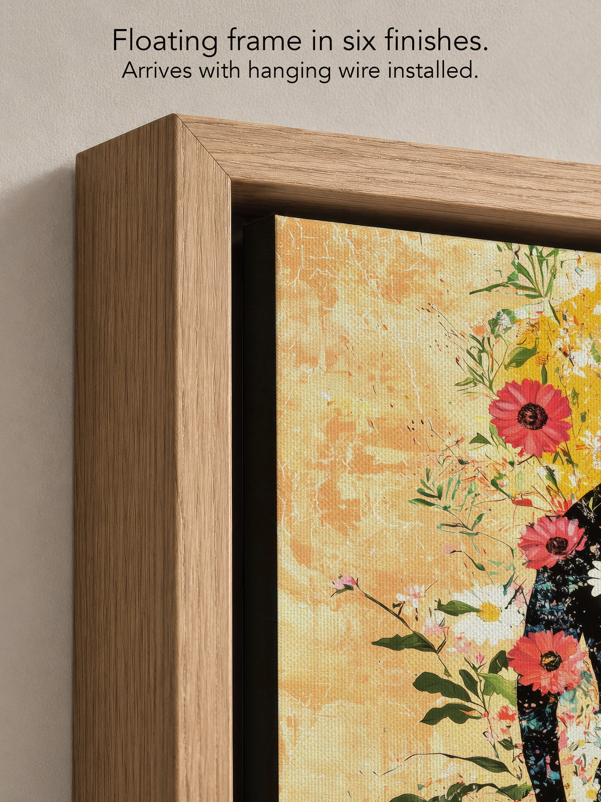 Close up corner of Inner Garden in a natural oak floating frame, with black canvas edges and hanging wire installed