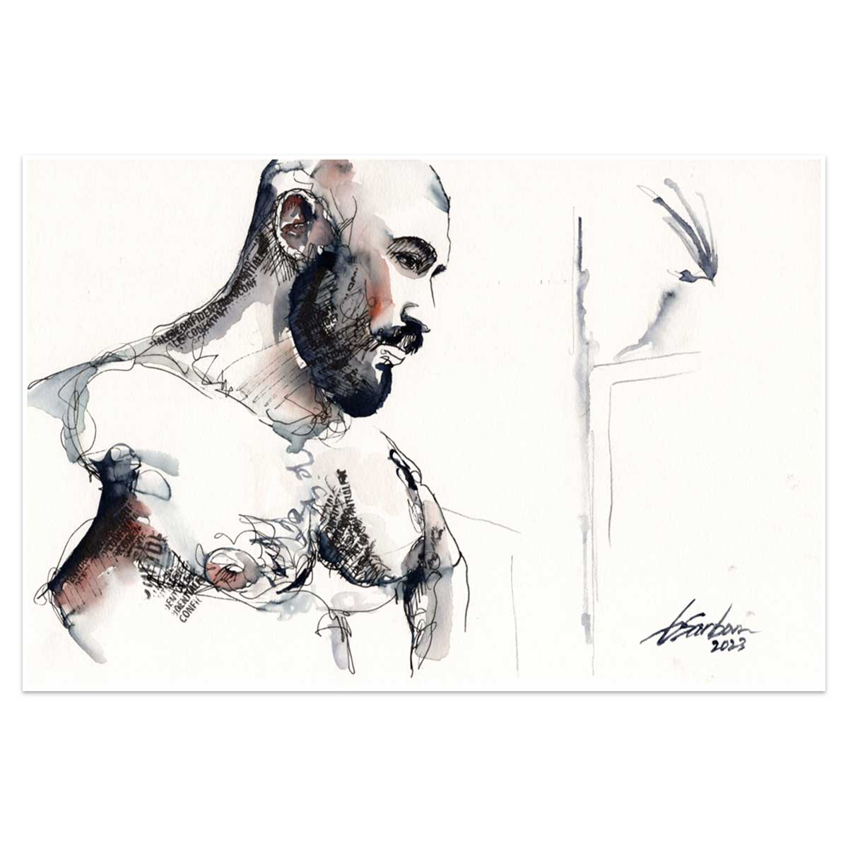 Rugged Elegance - Bearded and Muscular - 6x9" Original Watercolor and Ink Painting Artist Brenden Sanborn