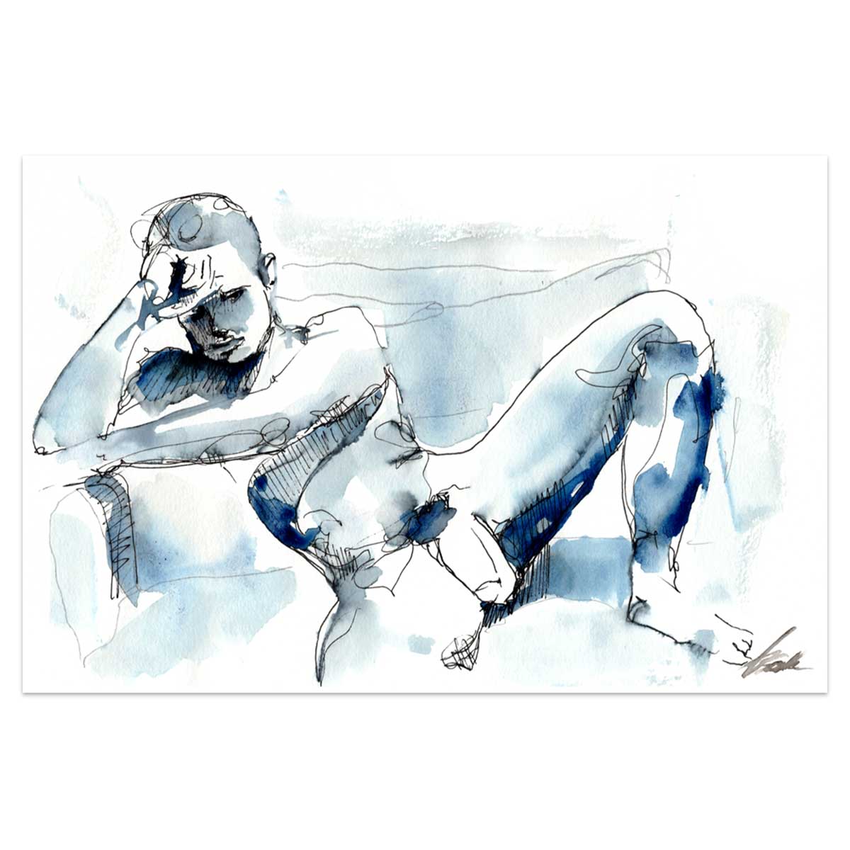 Relaxed Poise - Muscular Figure on Sofa - 6x9" Original Painting Artist Brenden Sanborn