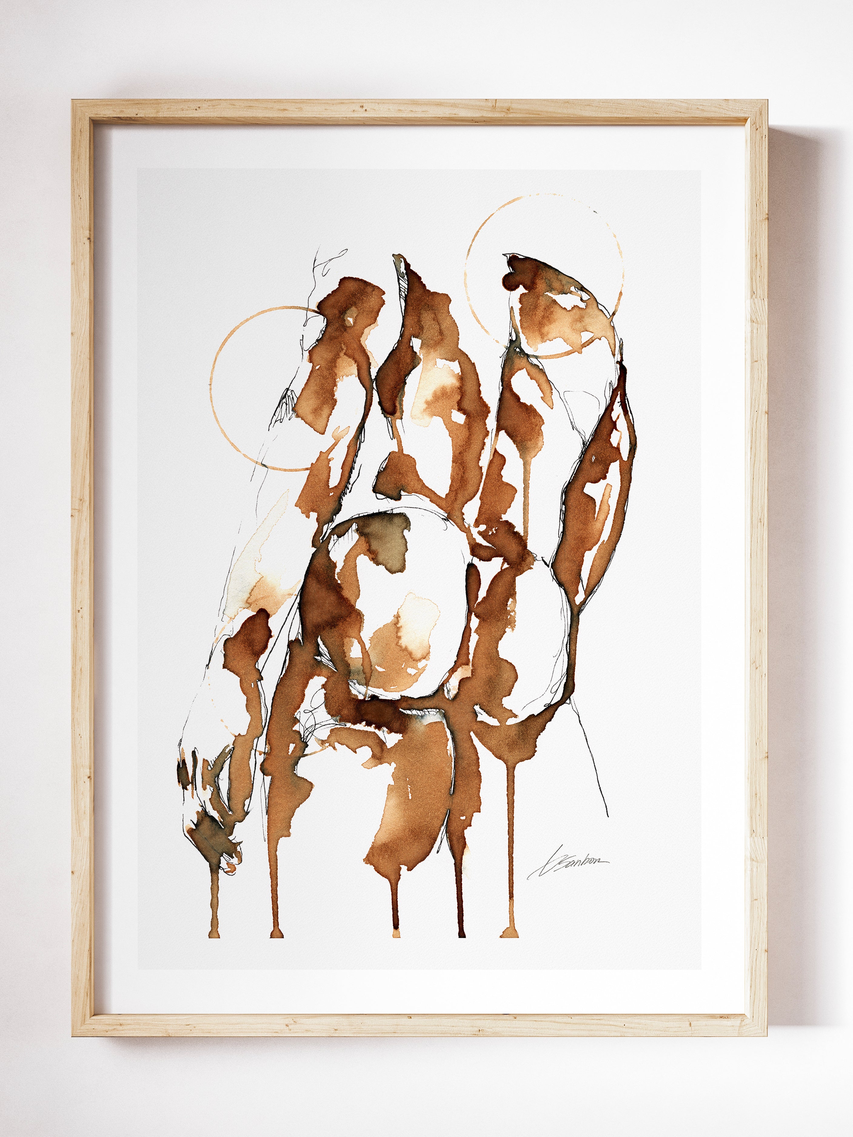 Male nude figure painted in coffee ink with expressive drips, giclée art print by Brenden Sanborn