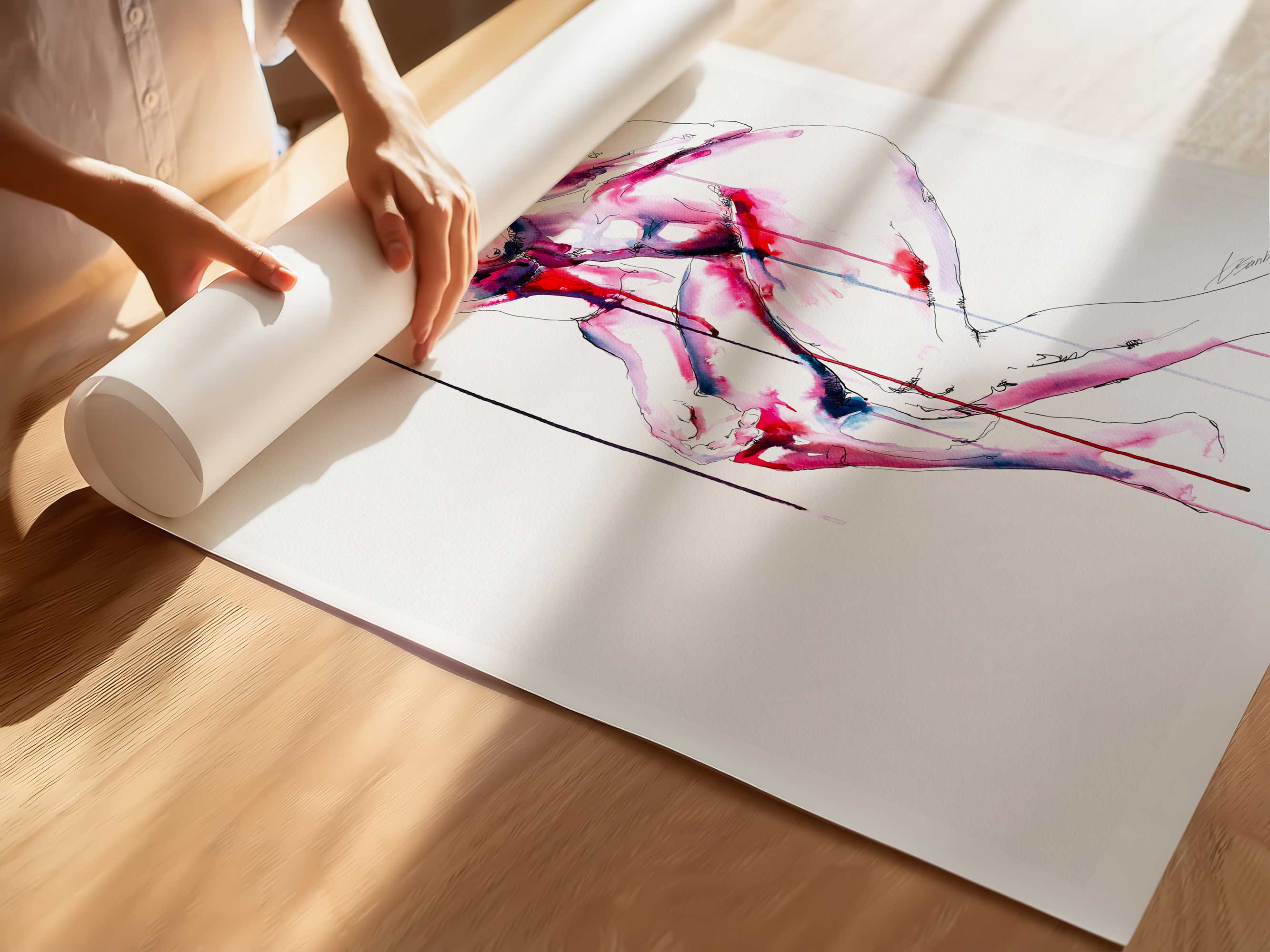 Crouching Nude Male with Tense Posture and Downcast Gaze - Art Print Artist Brenden Sanborn