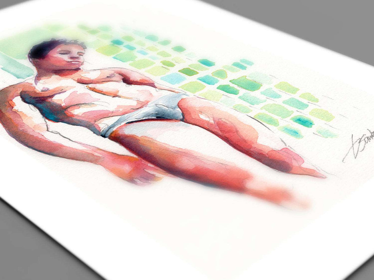 Male Swimmer Leaning in a Speedo - Original Watercolor Painting Artist Brenden Sanborn