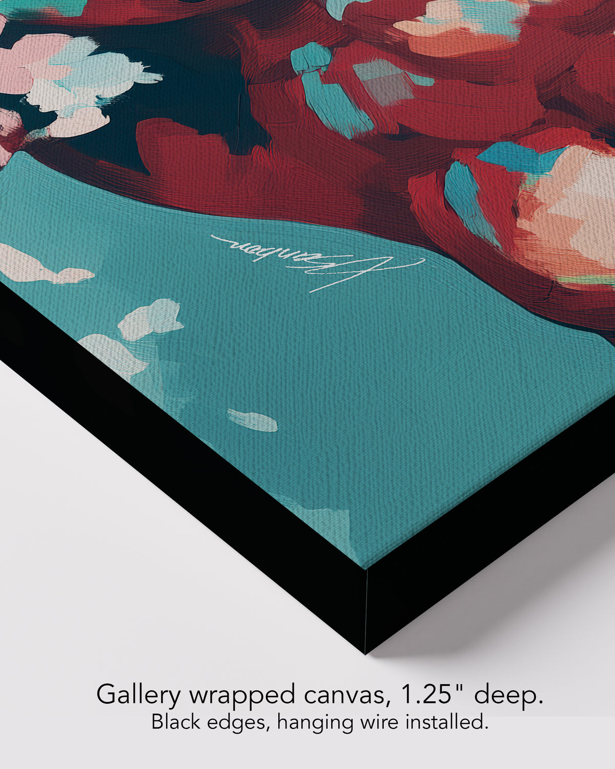 Corner of Pale Weather on gallery wrapped canvas, 1.25 inches deep, with black edges and hanging wire installed