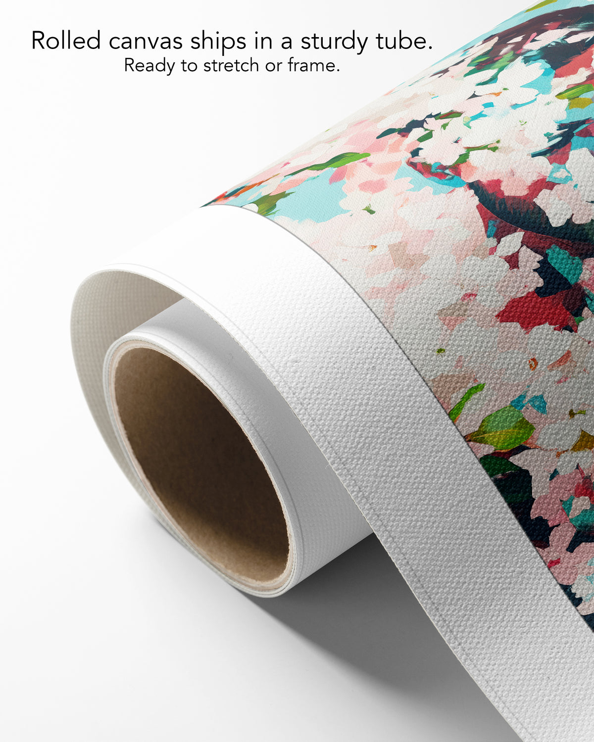 Pale Weather on rolled canvas with a white border, curling off its cardboard core