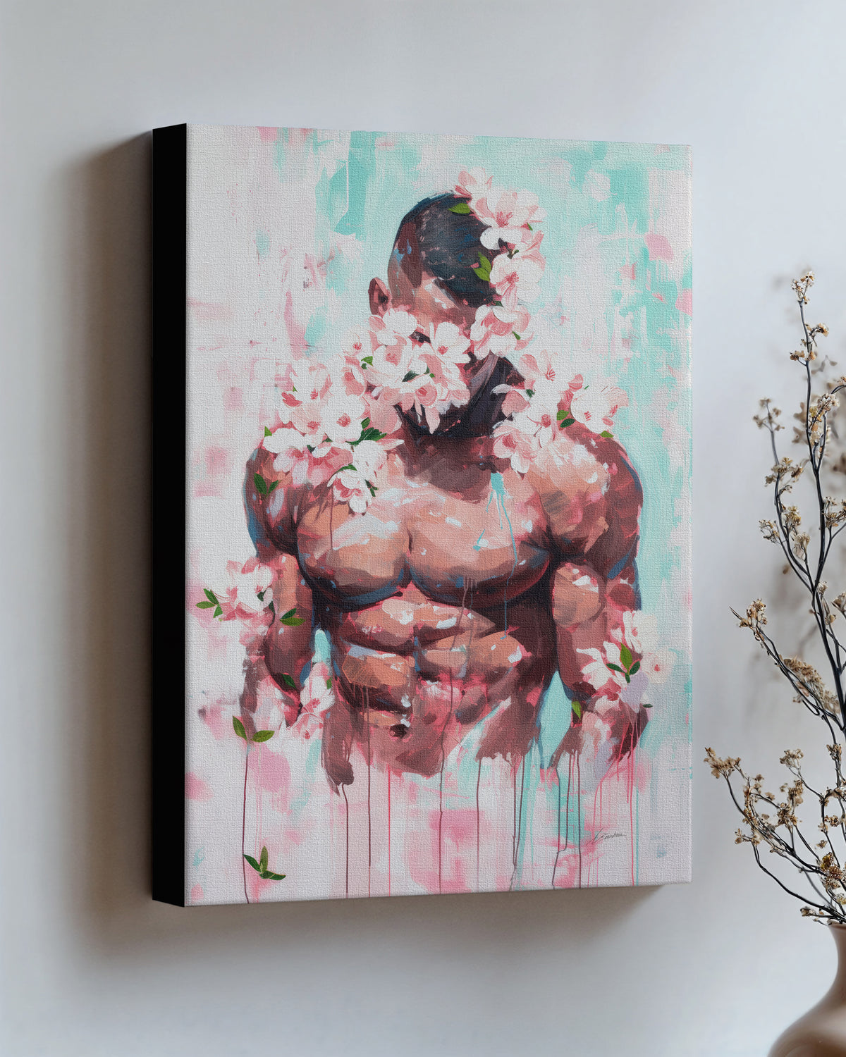 Pink Static on stretched canvas with black edges, hung on a wall and seen at an angle