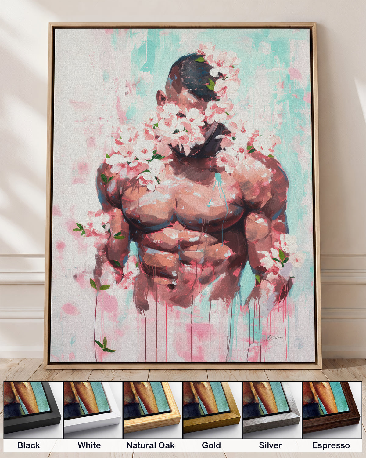 Pink Static on canvas in a natural oak floating frame, with corner samples of all six frame colors: black, white, natural oak, gold, silver and espresso