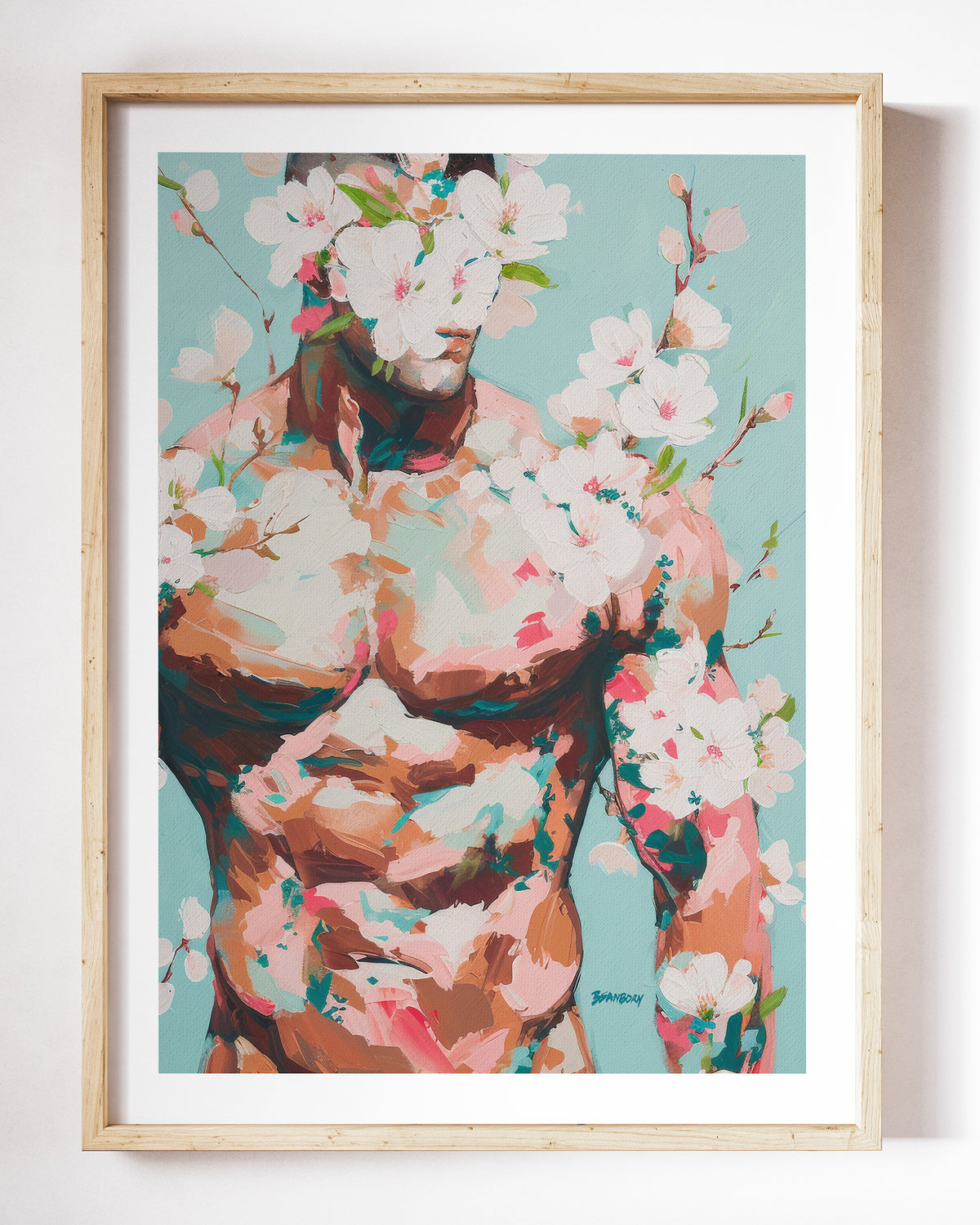 Quiet Orchard art print by Brenden Sanborn, a muscular torso with white and pink blossoms covering the face, teal background, shown in a light wood frame