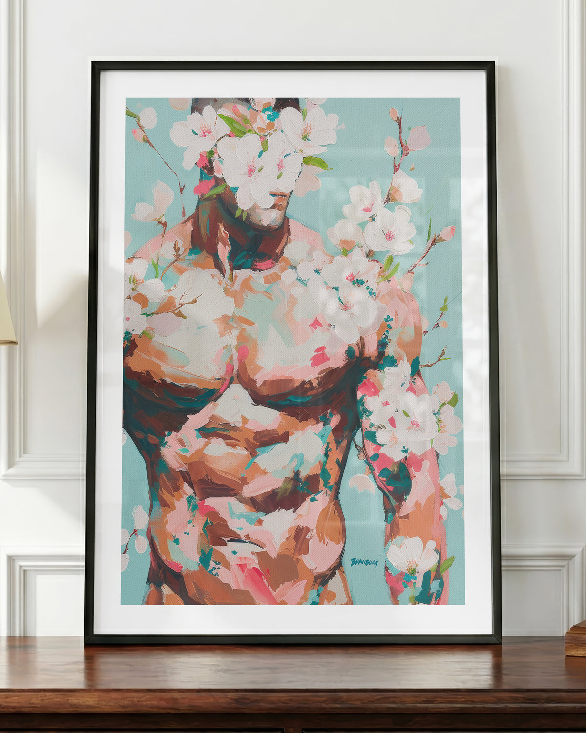 Quiet Orchard art print in a black frame, shown up close