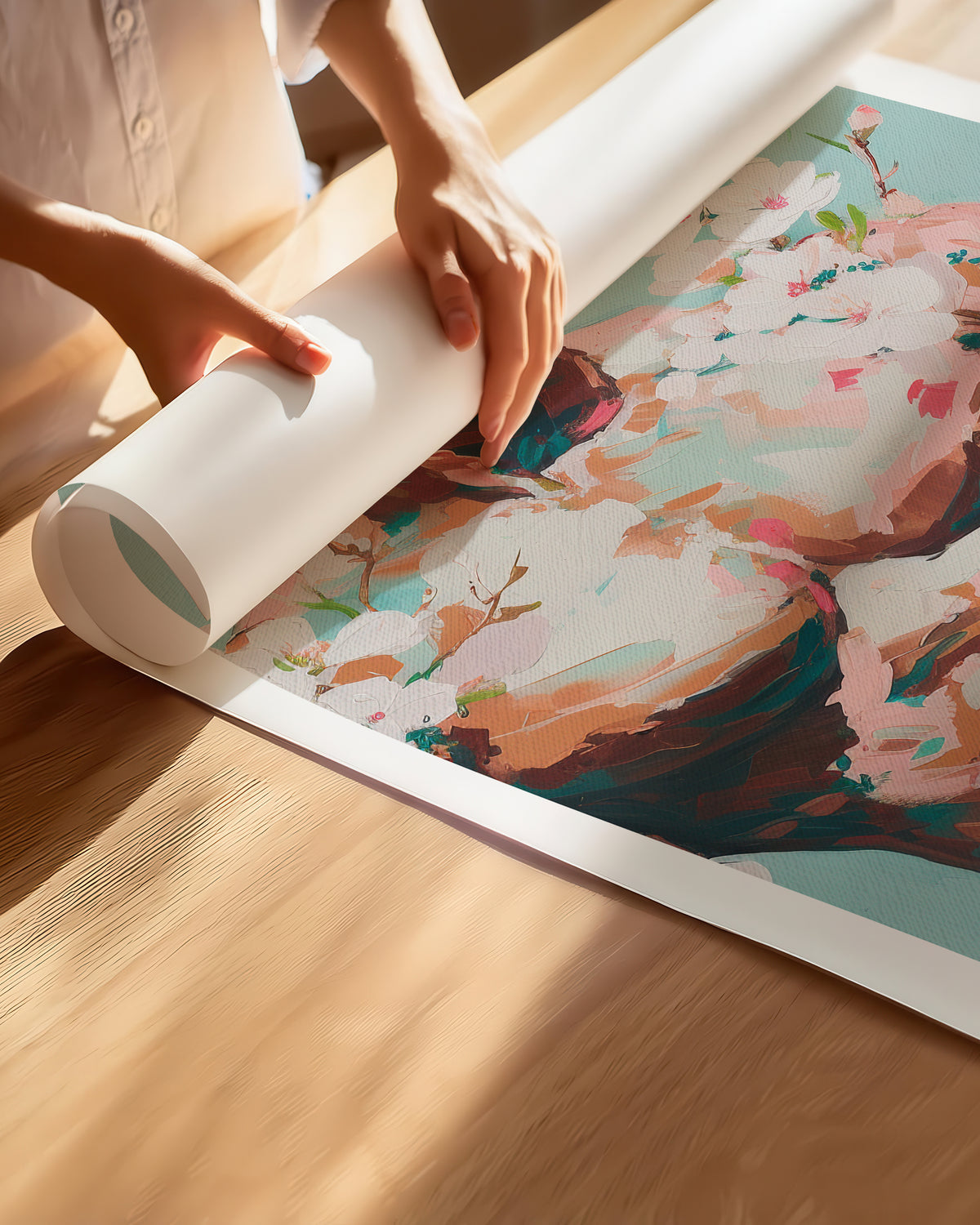 Hands unrolling the Quiet Orchard fine art paper print, showing the white border
