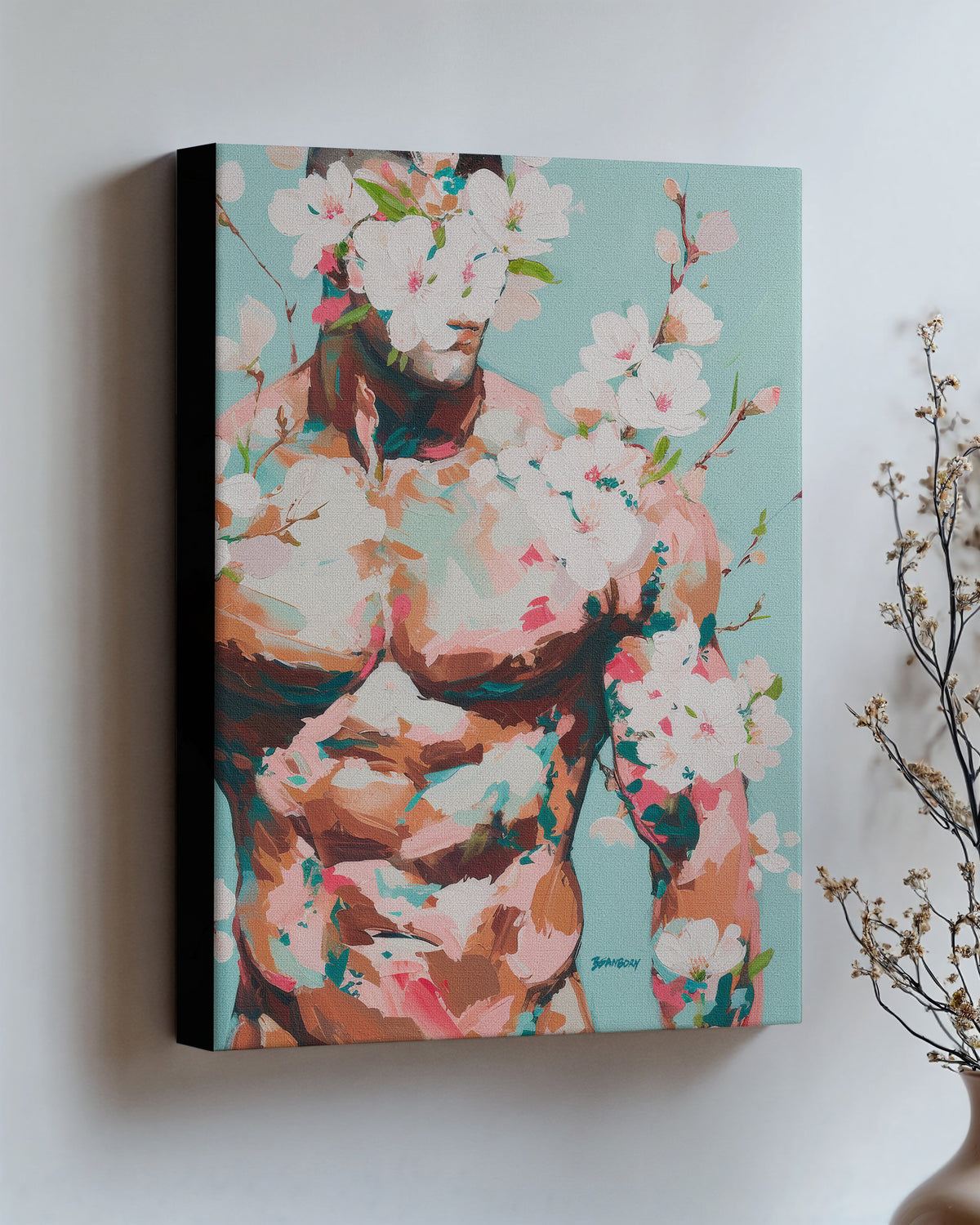 Quiet Orchard on stretched canvas with black edges, hung on a wall and seen at an angle