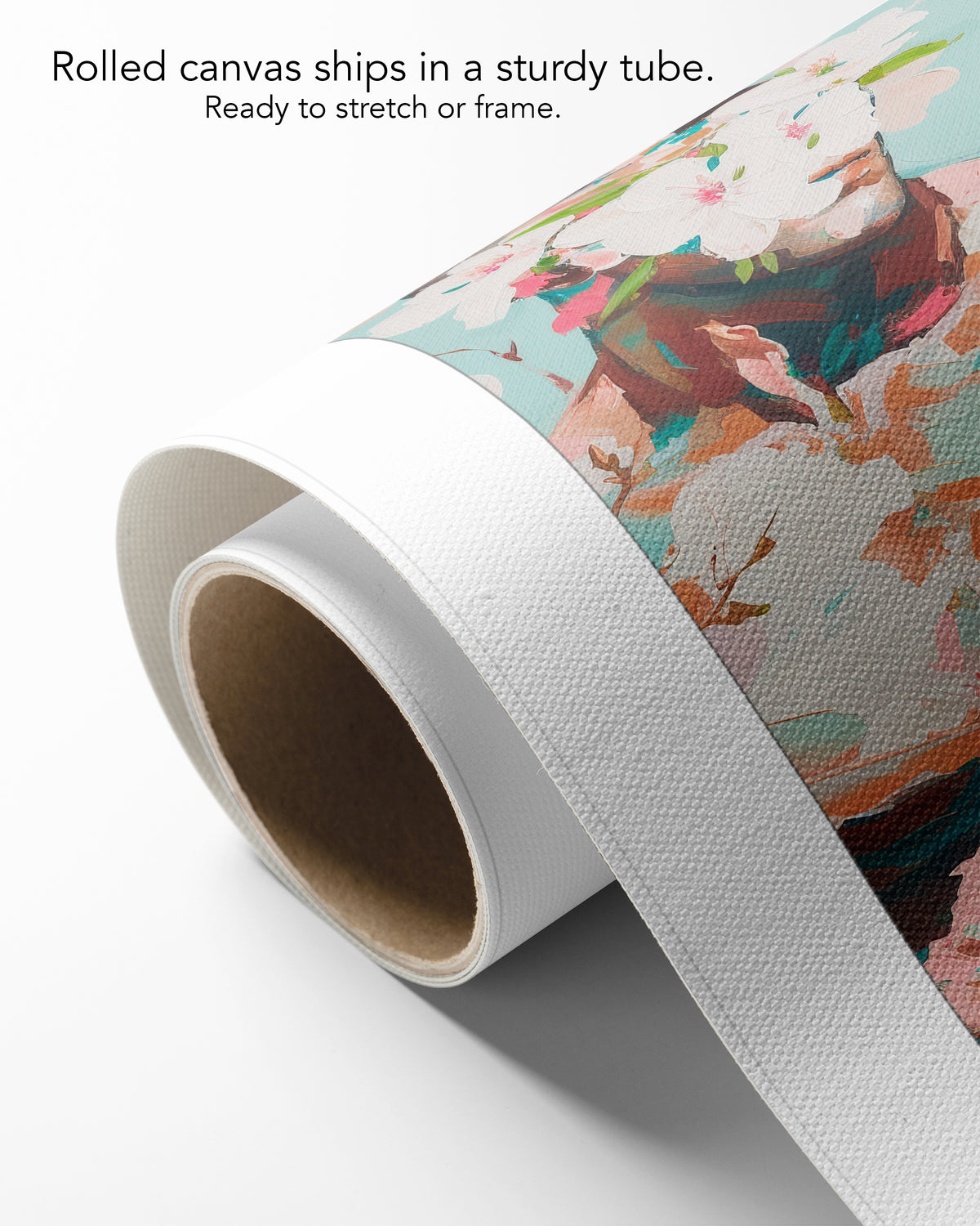 Quiet Orchard on rolled canvas with a white border, curling off its cardboard core