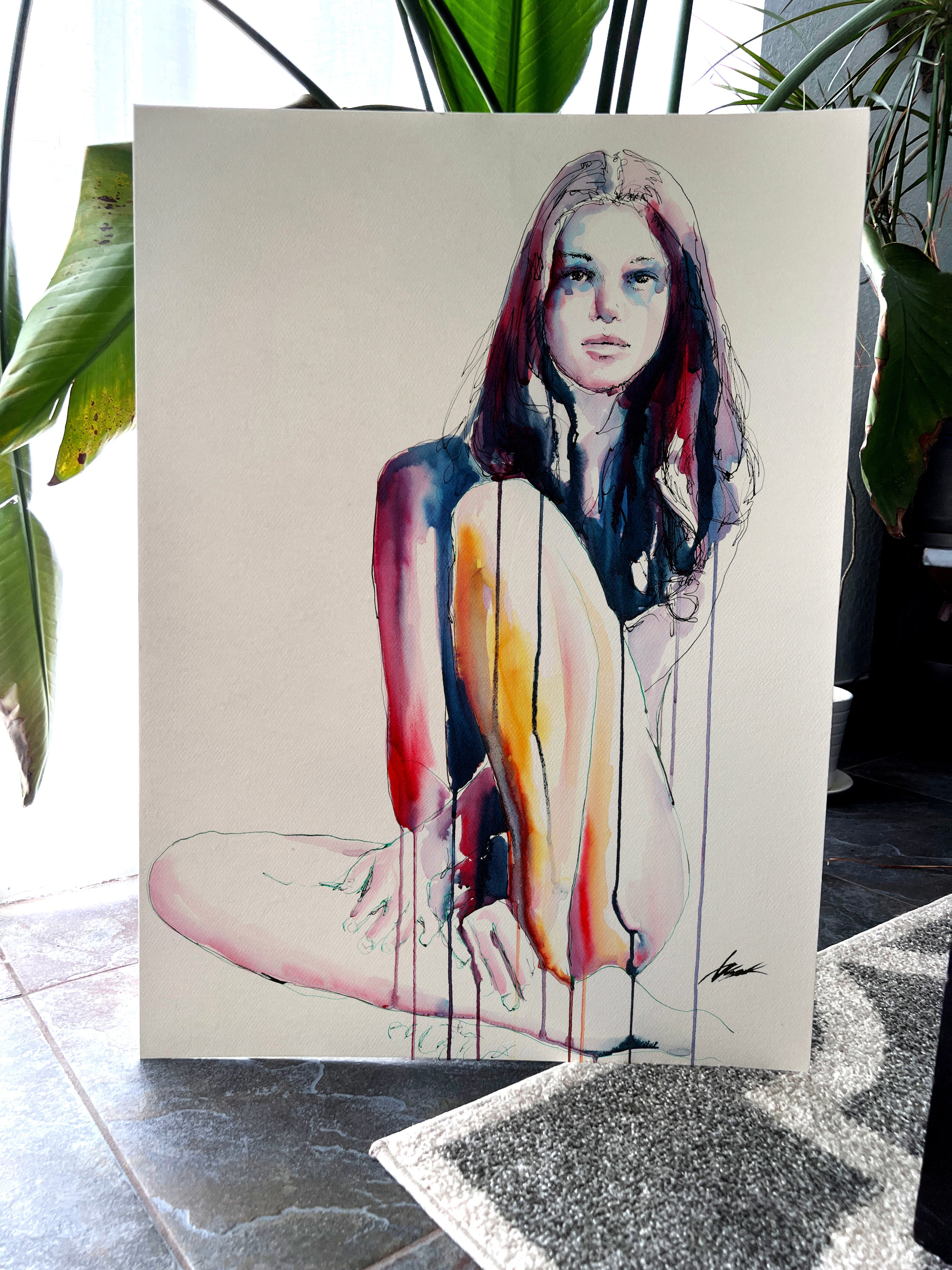Female figure original watercolor painting 22x30 expressive portrait art by Brenden Sanborn