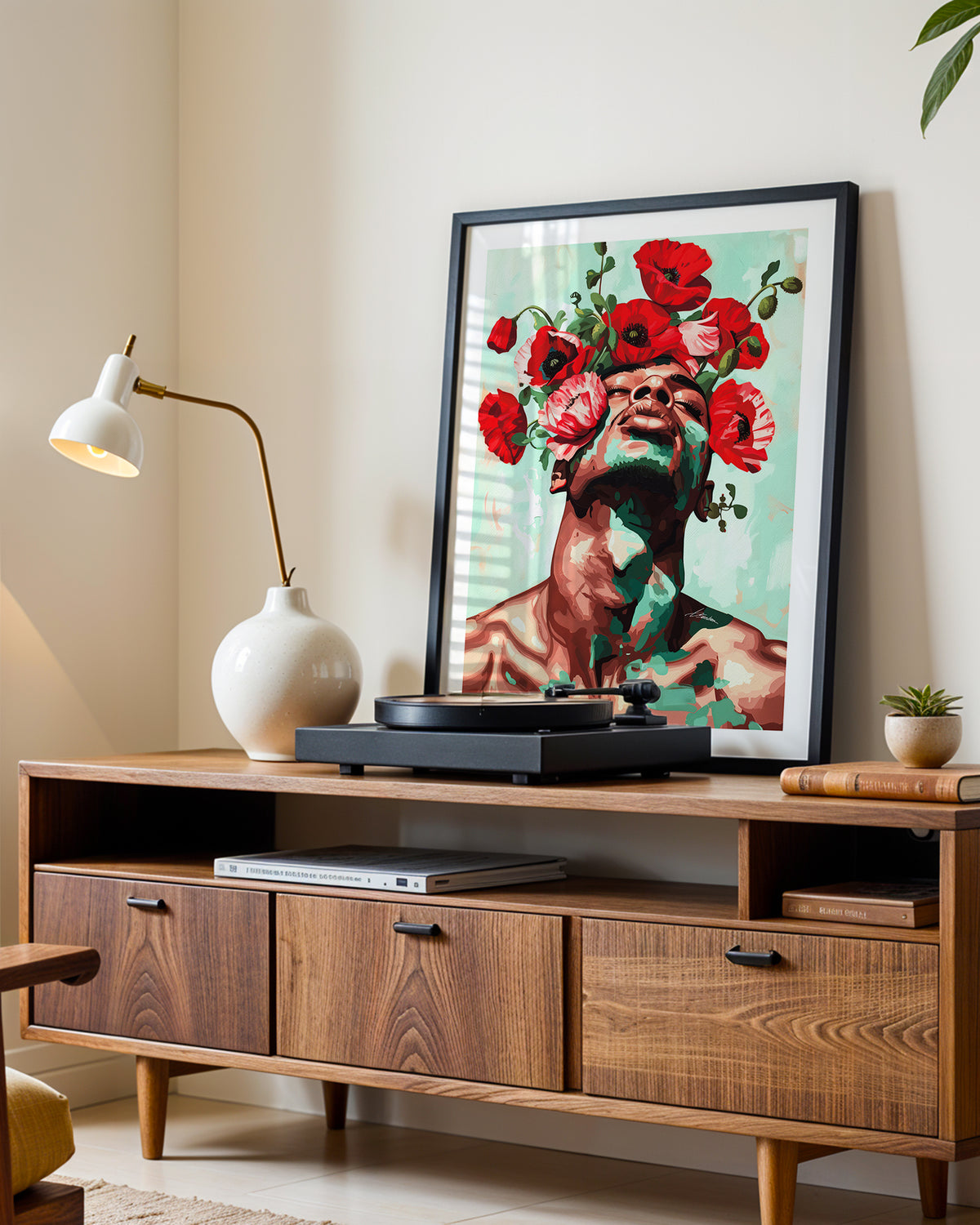 Red Hush art print in a black frame leaning on a walnut sideboard beside a record player