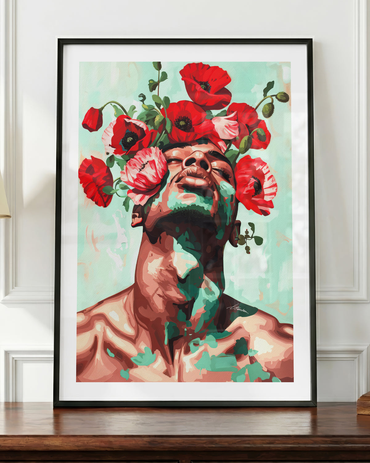 Red Hush art print in a black frame, shown up close