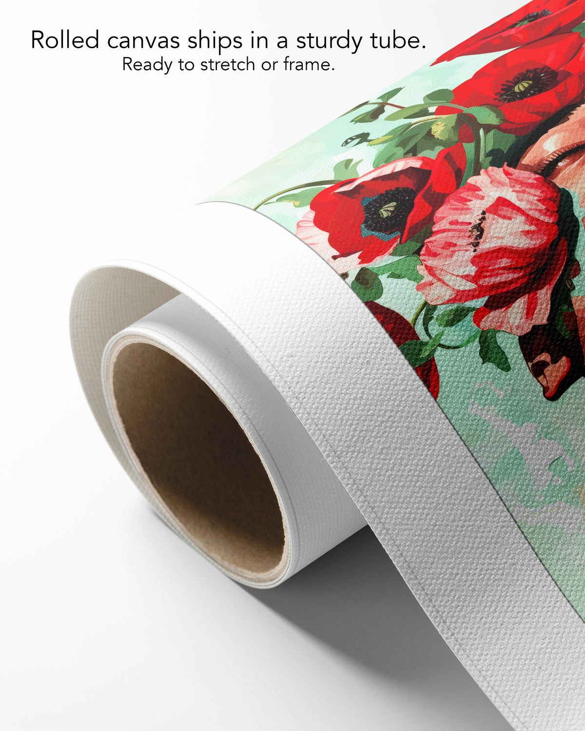 Red Hush on rolled canvas with a white border, curling off its cardboard core