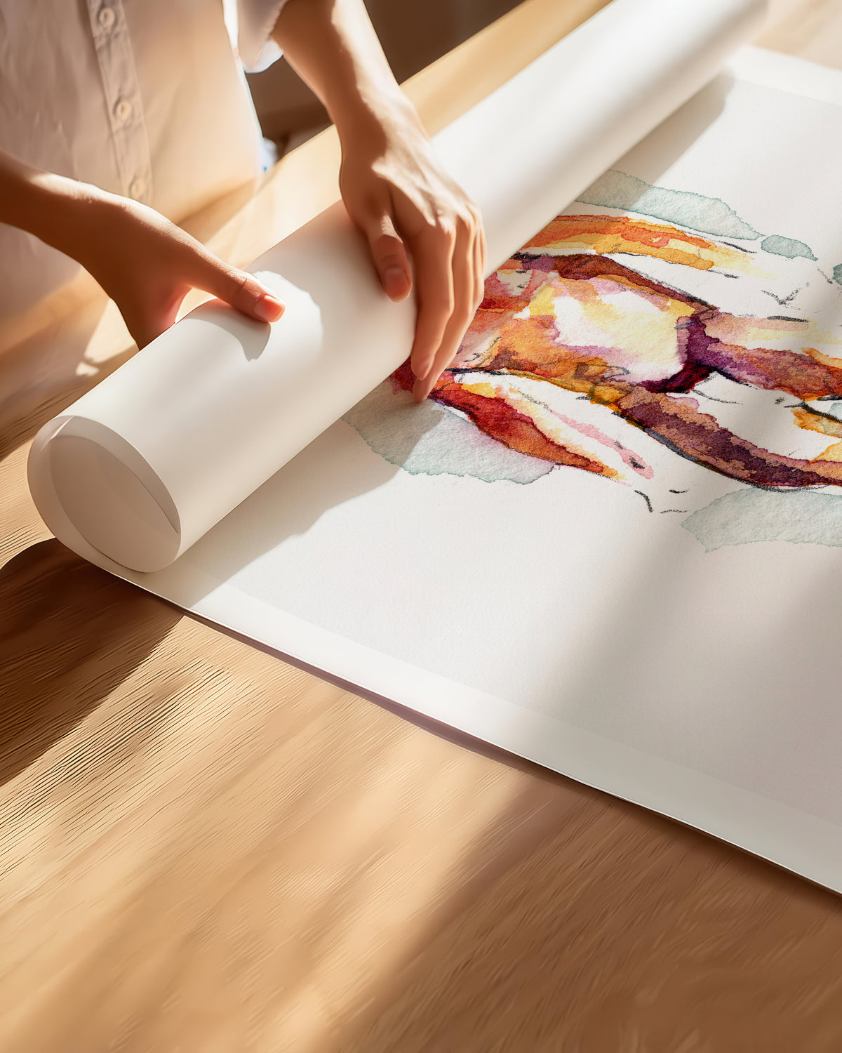 Hands unrolling the Heavyweight fine art paper print, showing the white border