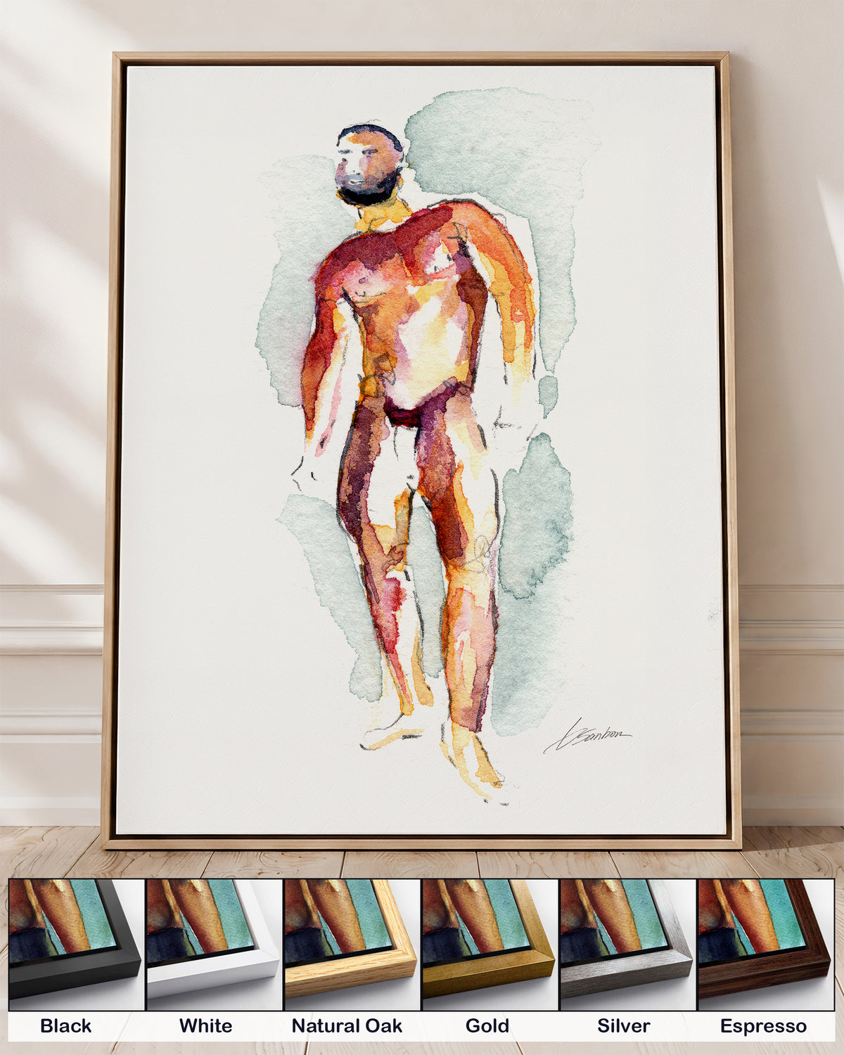 Heavyweight on canvas in a natural oak floating frame, with corner samples of all six frame colors: black, white, natural oak, gold, silver and espresso