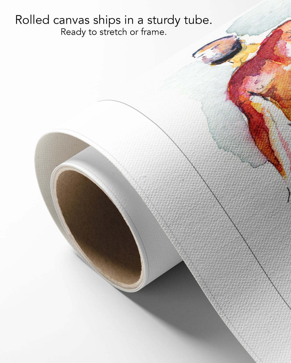 Heavyweight on rolled canvas with a white border, curling off its cardboard core