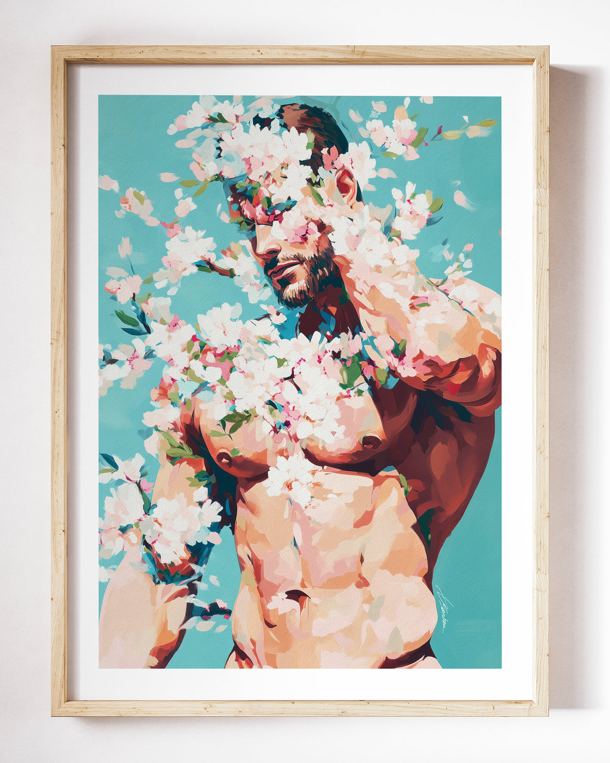 Soft Riot art print by Brenden Sanborn, a man with one arm raised, his face and chest lost in white and pink blossoms, shown in a light wood frame