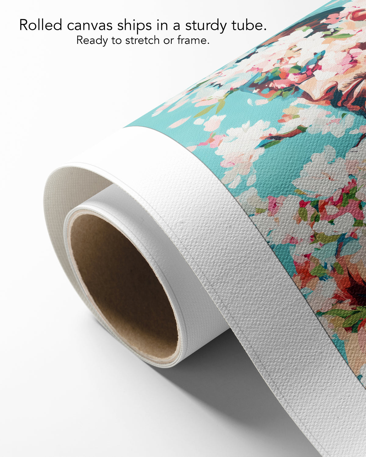 Soft Riot on rolled canvas with a white border, curling off its cardboard core