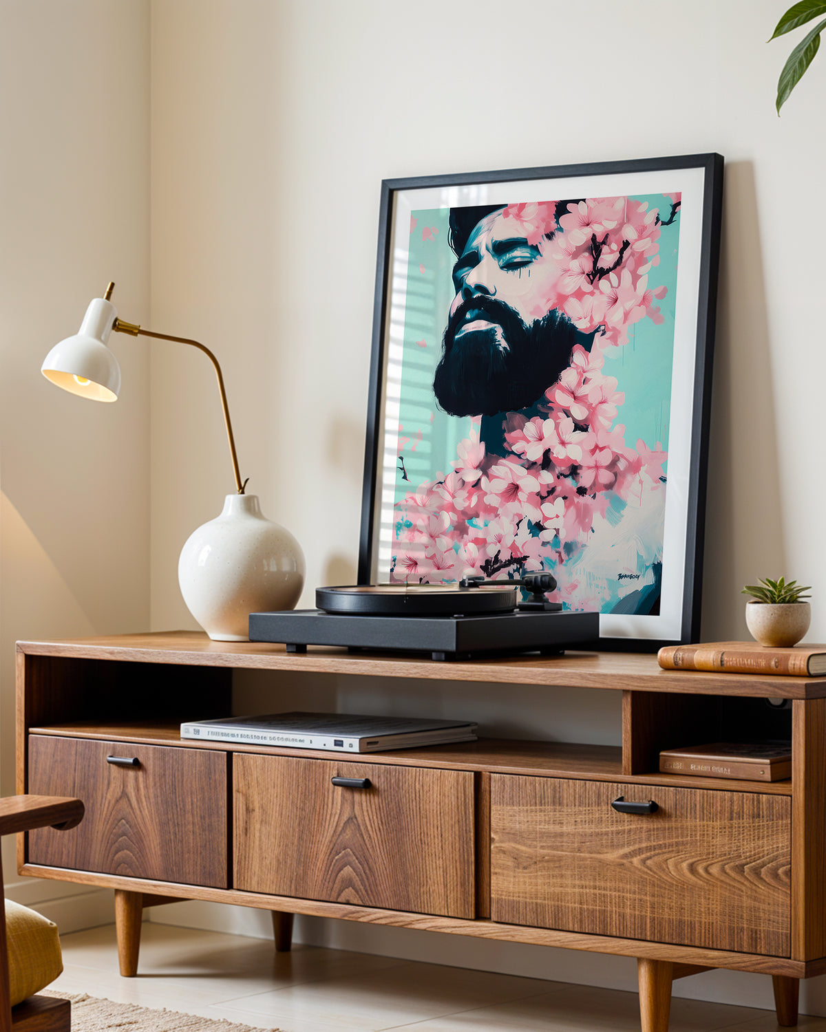 Spring Exhale art print in a black frame leaning on a walnut sideboard beside a record player