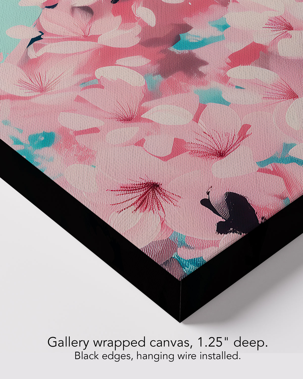 Corner of Spring Exhale on gallery wrapped canvas, 1.25 inches deep, with black edges and hanging wire installed