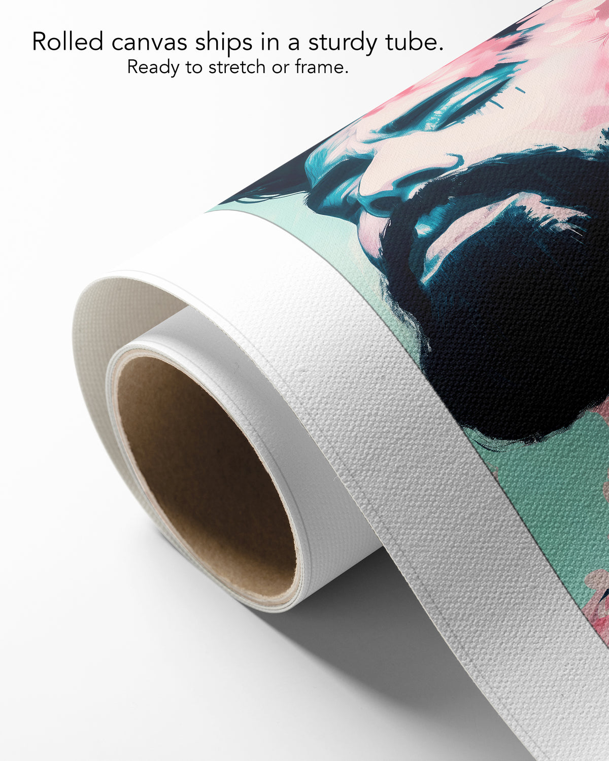 Spring Exhale on rolled canvas with a white border, curling off its cardboard core