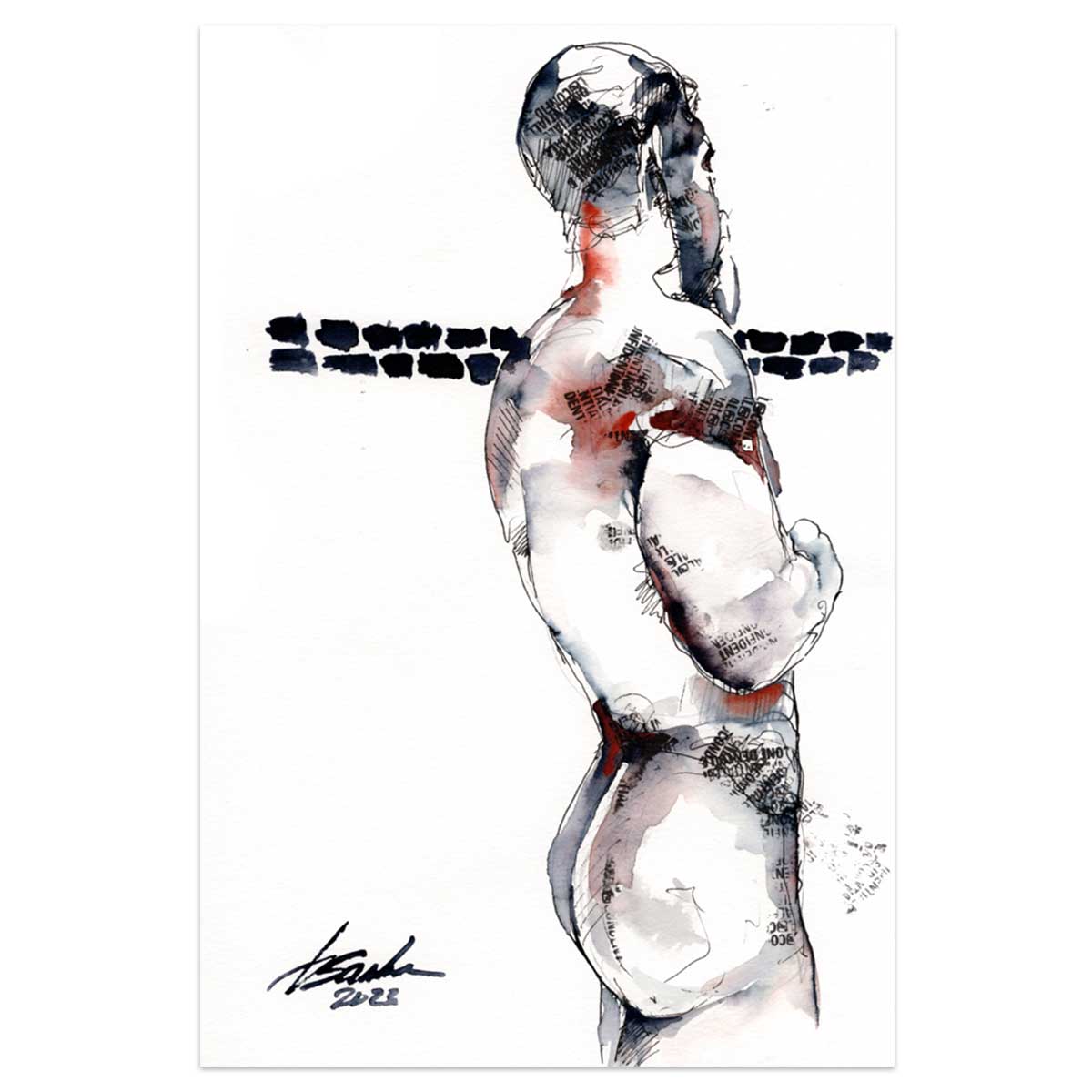 Stalwart Contour - Muscular Male Figure in Ink - 6x9" Original Art Artist Brenden Sanborn