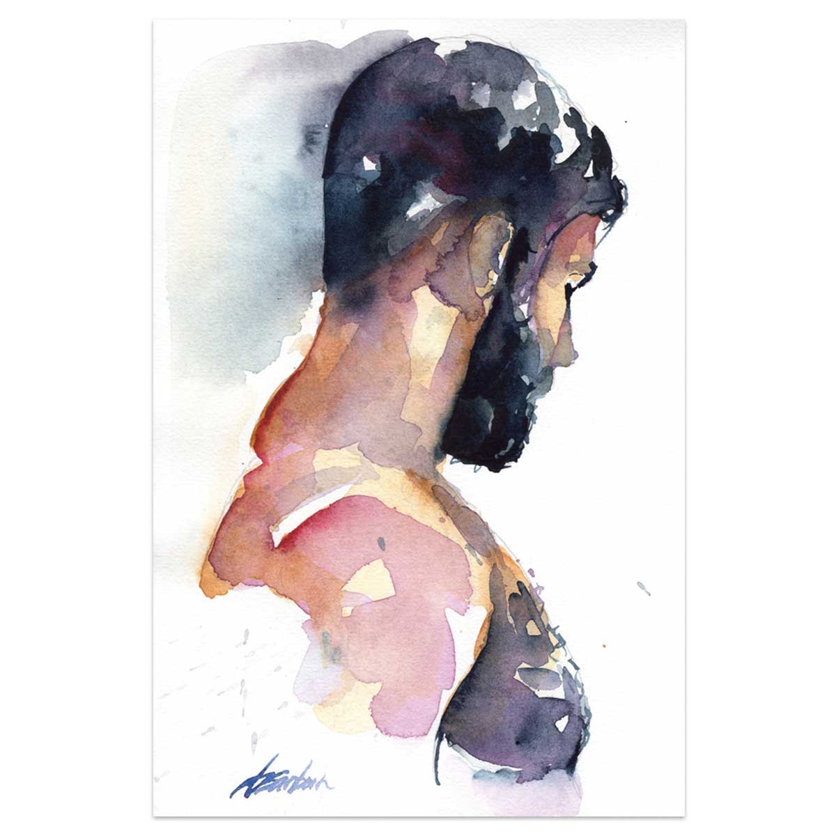 Shadowed Strength - Thick-Haired Chest - 6x9" Original Watercolor Painting Artist Brenden Sanborn