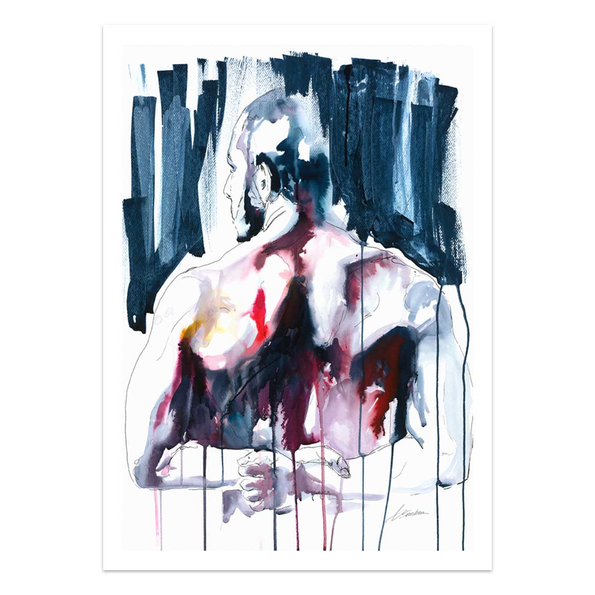 Bearded Male Figure with Broad Back in Reflective Embrace - Art Print Artist Brenden Sanborn