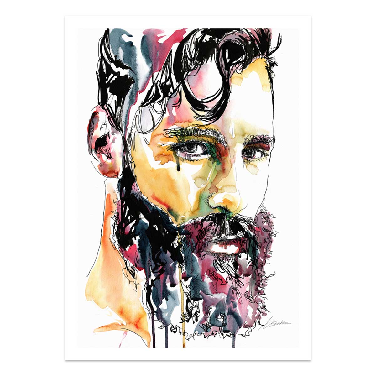 Portrait of Bearded Man with Intense Eyes and Flowing Hair - Art Print Artist Brenden Sanborn