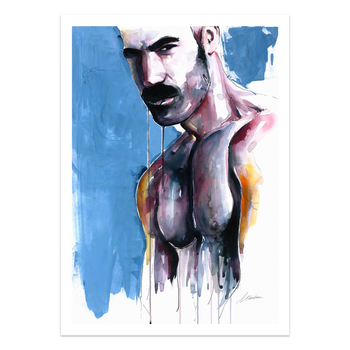 Mustached Male with Broad Shoulders and Intense Gaze - Art Print Artist Brenden Sanborn