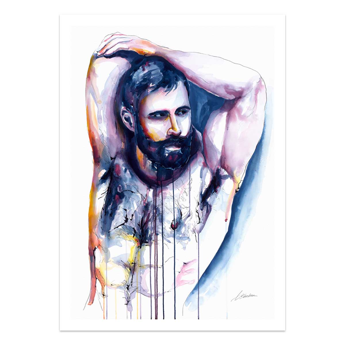 Bearded Man with Raised Arms and Strong, Hairy Chest - Art Print Artist Brenden Sanborn