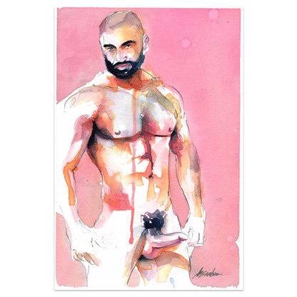 Rosy Resilience - Hairy-Chested Bearded Man Stands Bold - 6x9" Original Art
