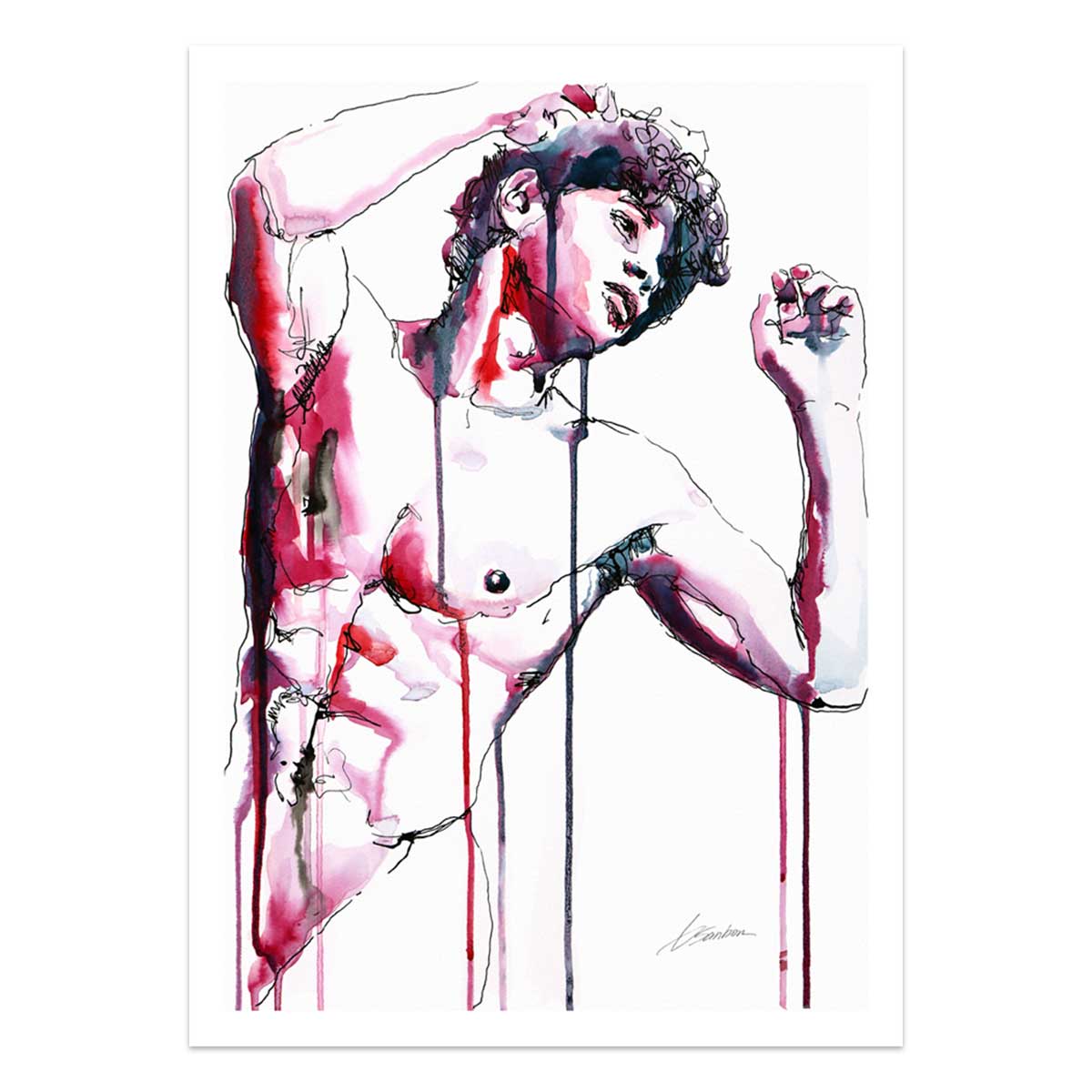 Curled Hair Bare Chest and Arms Raised in Quiet Elegance - Art Print Artist Brenden Sanborn