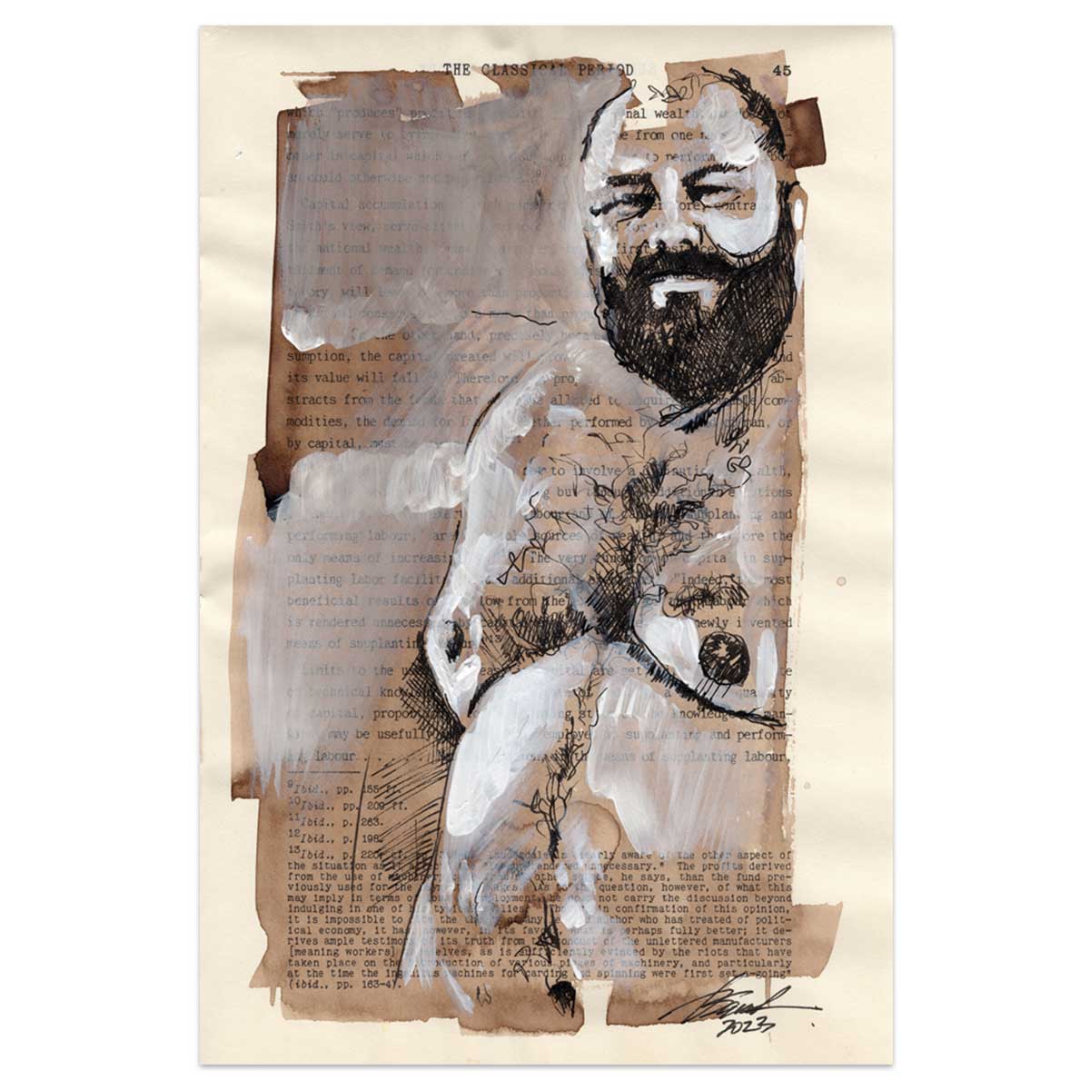 Literary Bear - Hairy Gay Man on Book Page - 6x9" Original Art Artist Brenden Sanborn