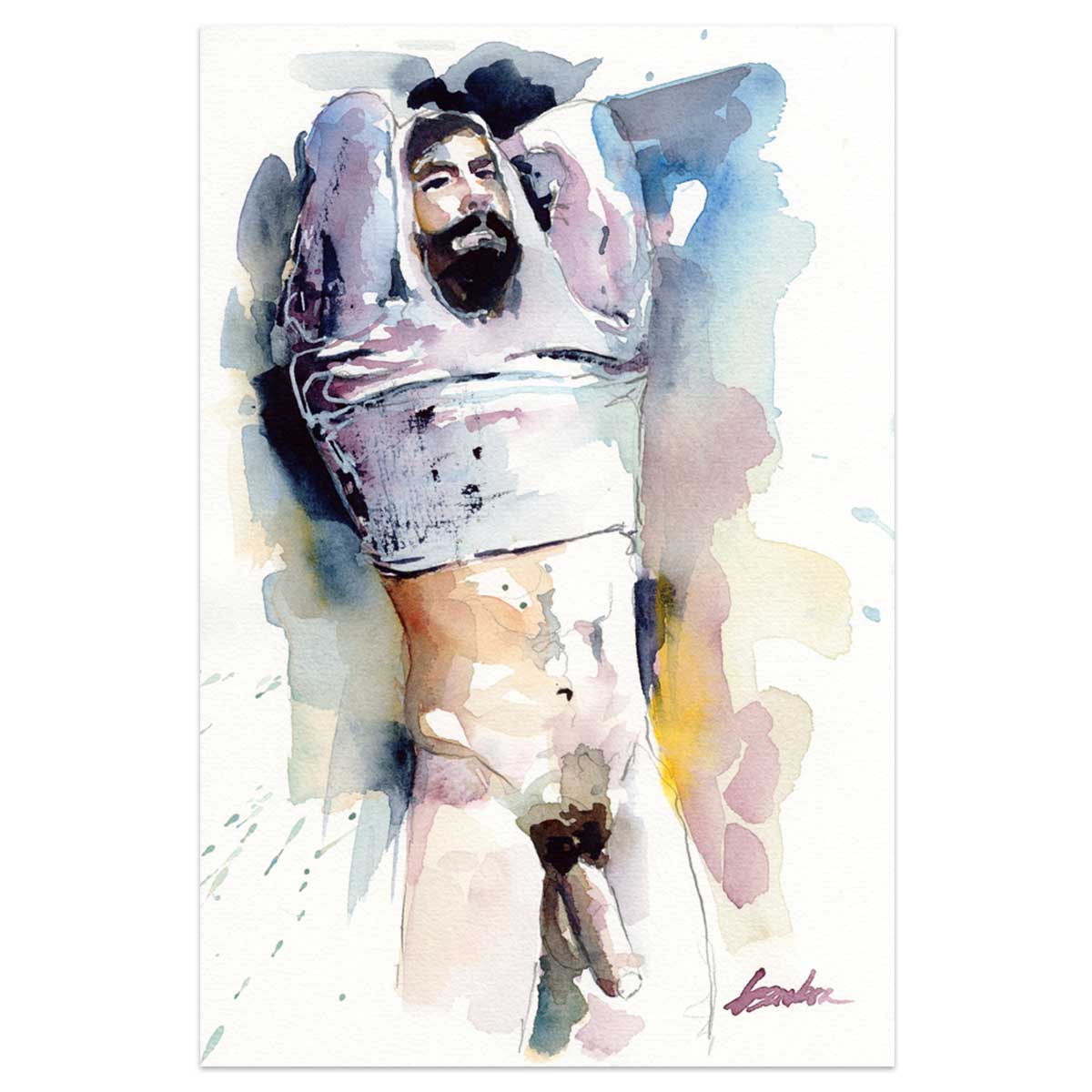 Bearded Man Removing Shirt - 6x9" Original Watercolor Painting Artist Brenden Sanborn