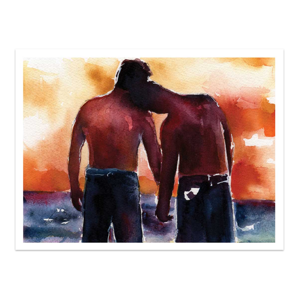 Two Men on Beach: Sunset Embrace & Loving Connection - Giclee Art Print