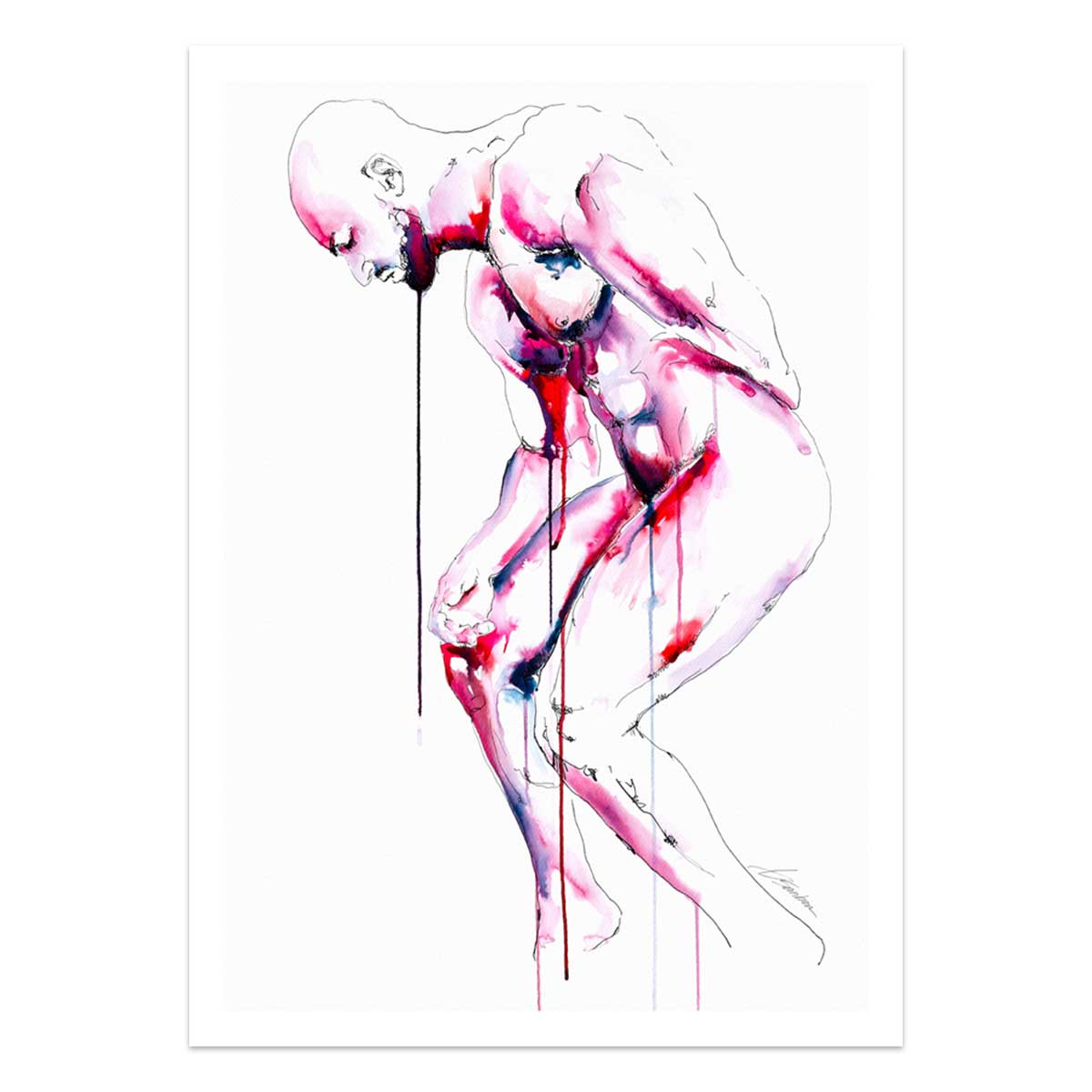 Crouching Nude Male with Tense Posture and Downcast Gaze - Art Print Artist Brenden Sanborn