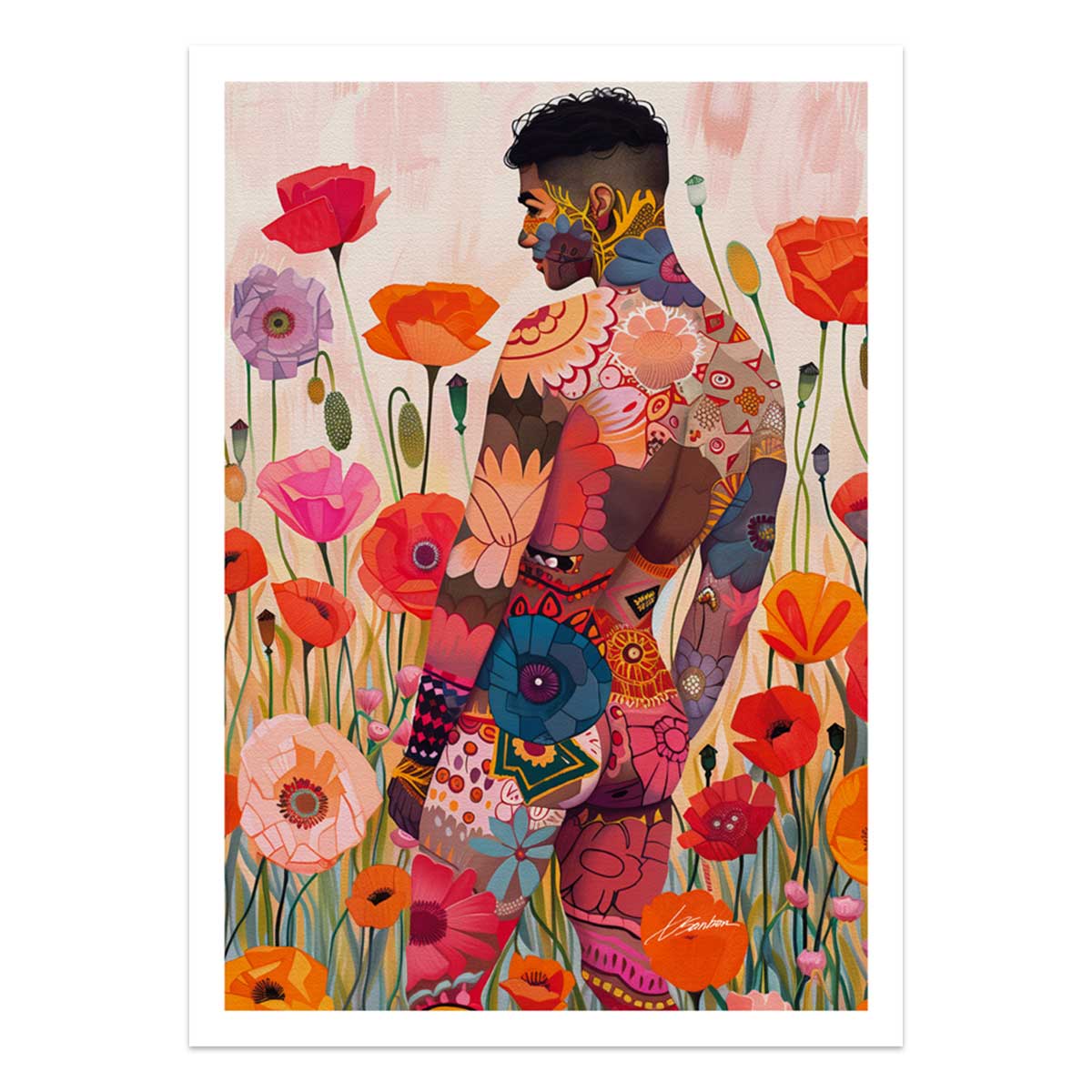 Floral Inked Male Figure in a Field of Poppies – Art Print Artist Brenden Sanborn