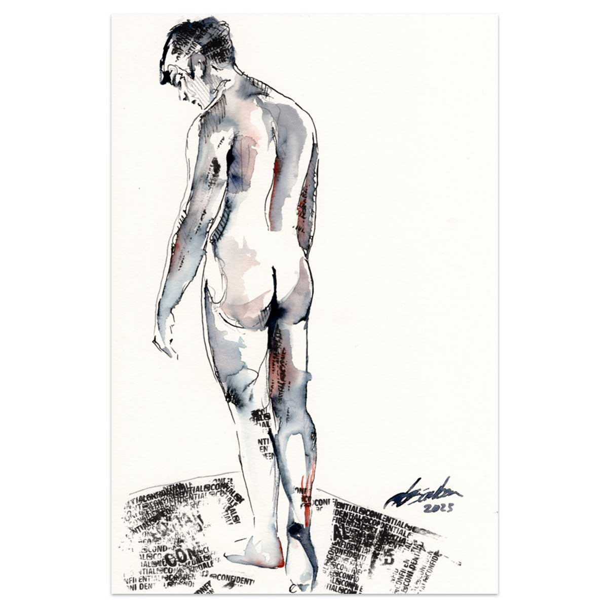 Solitary Reflection - Nude Male Form in Ink - 6x9" Original Watercolor Artist Brenden Sanborn