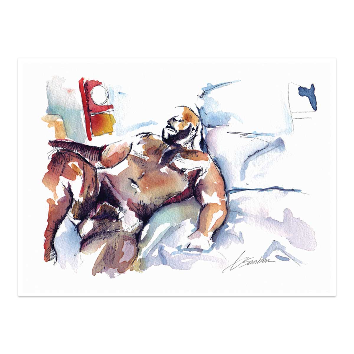 Sun-Kissed Nude Muscle Bear on White Linen, Watercolor - Giclee Art Print  by Brenden Sanborn – The Art of Brenden Sanborn