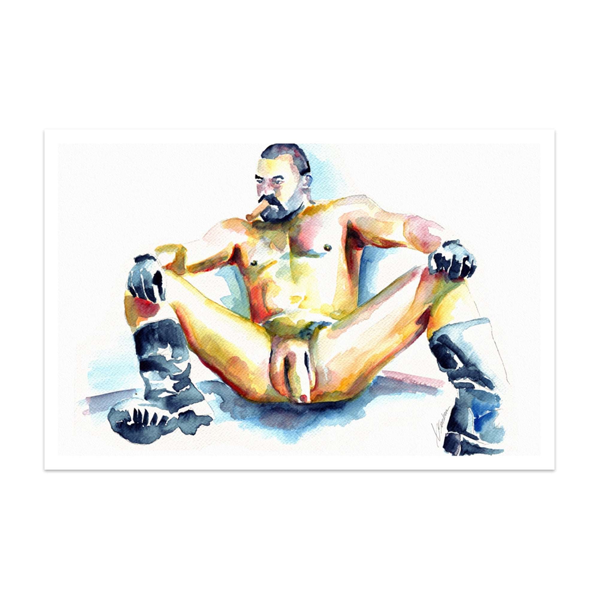 Bearded Man with Cigar and Boots Relaxing - Art Print Artist Brenden Sanborn